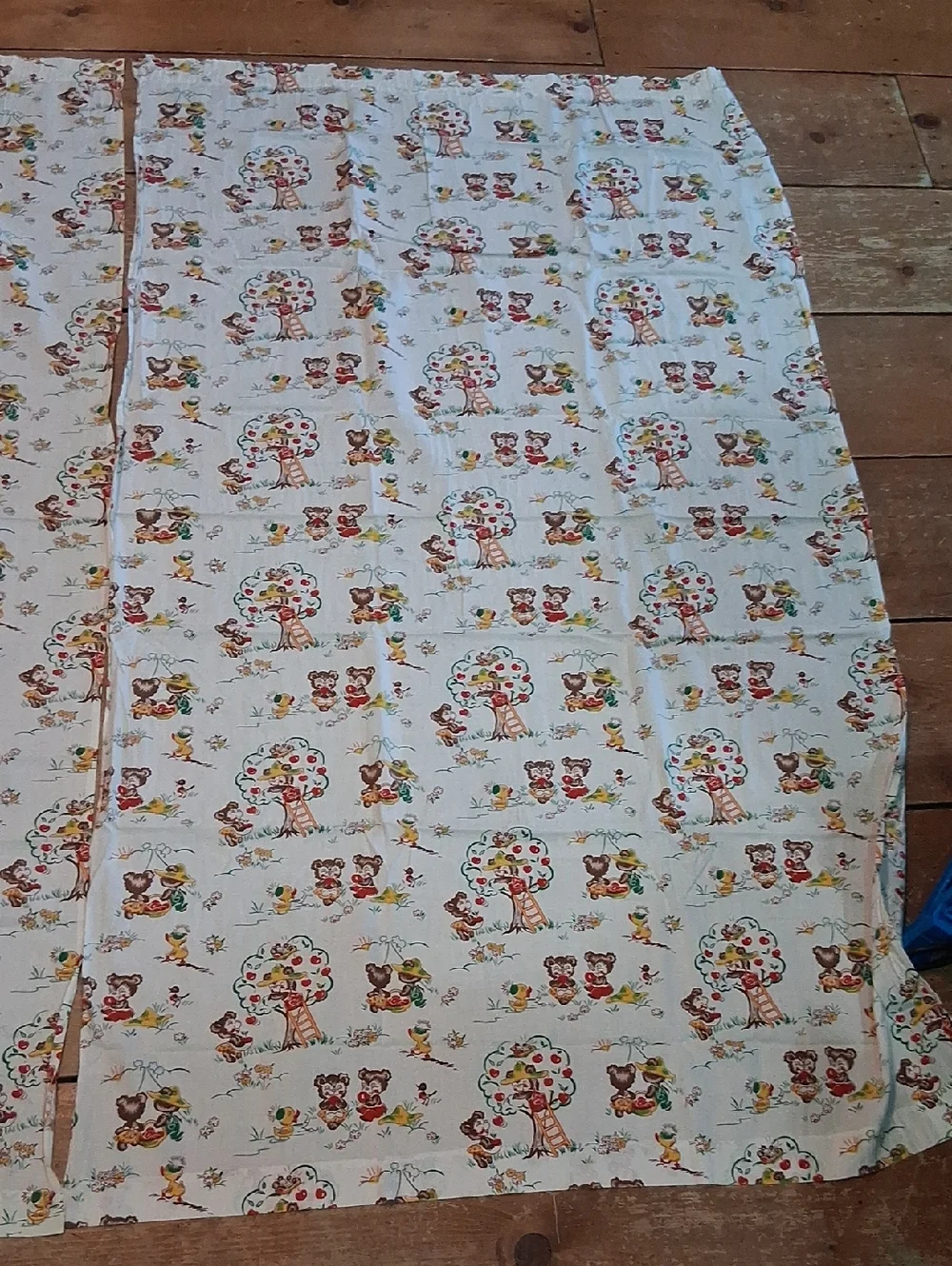 Vintage Childs Curtains With Adorable Bears Picking Apples.